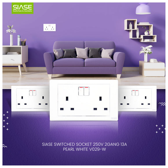 SIASE Switched Socket 250V 2Gang 13A - Pearl White - V029-W