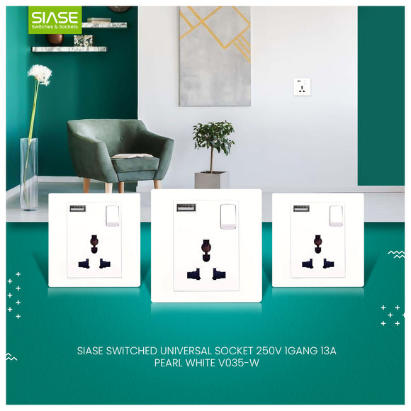 SIASE Universal Switched Socket with USB 250V 1Gang 13A - Pearl White - V035-W