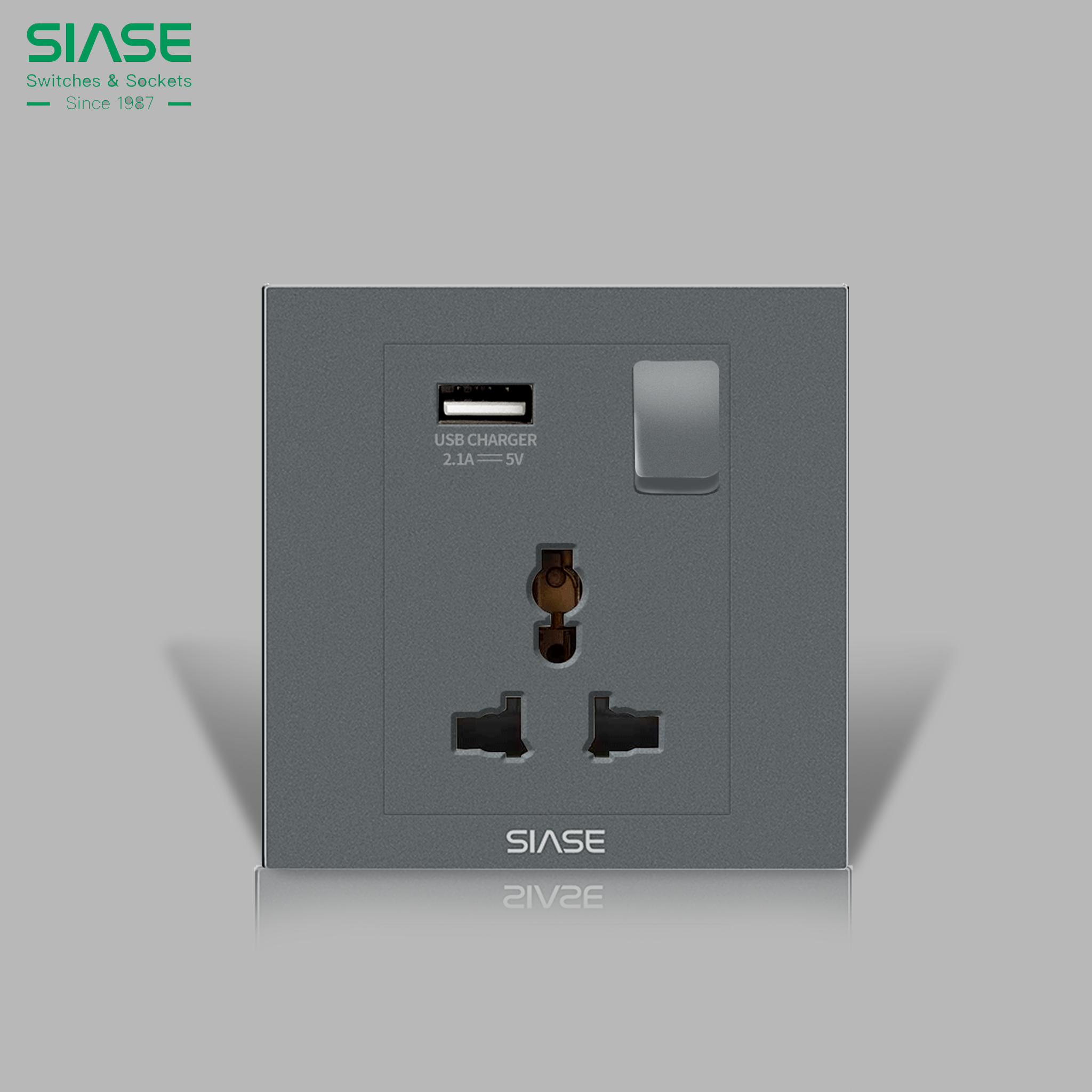SIASE Switched Universal Socket with USB - 250V 1Gang 13A - Grey - VR0 ...